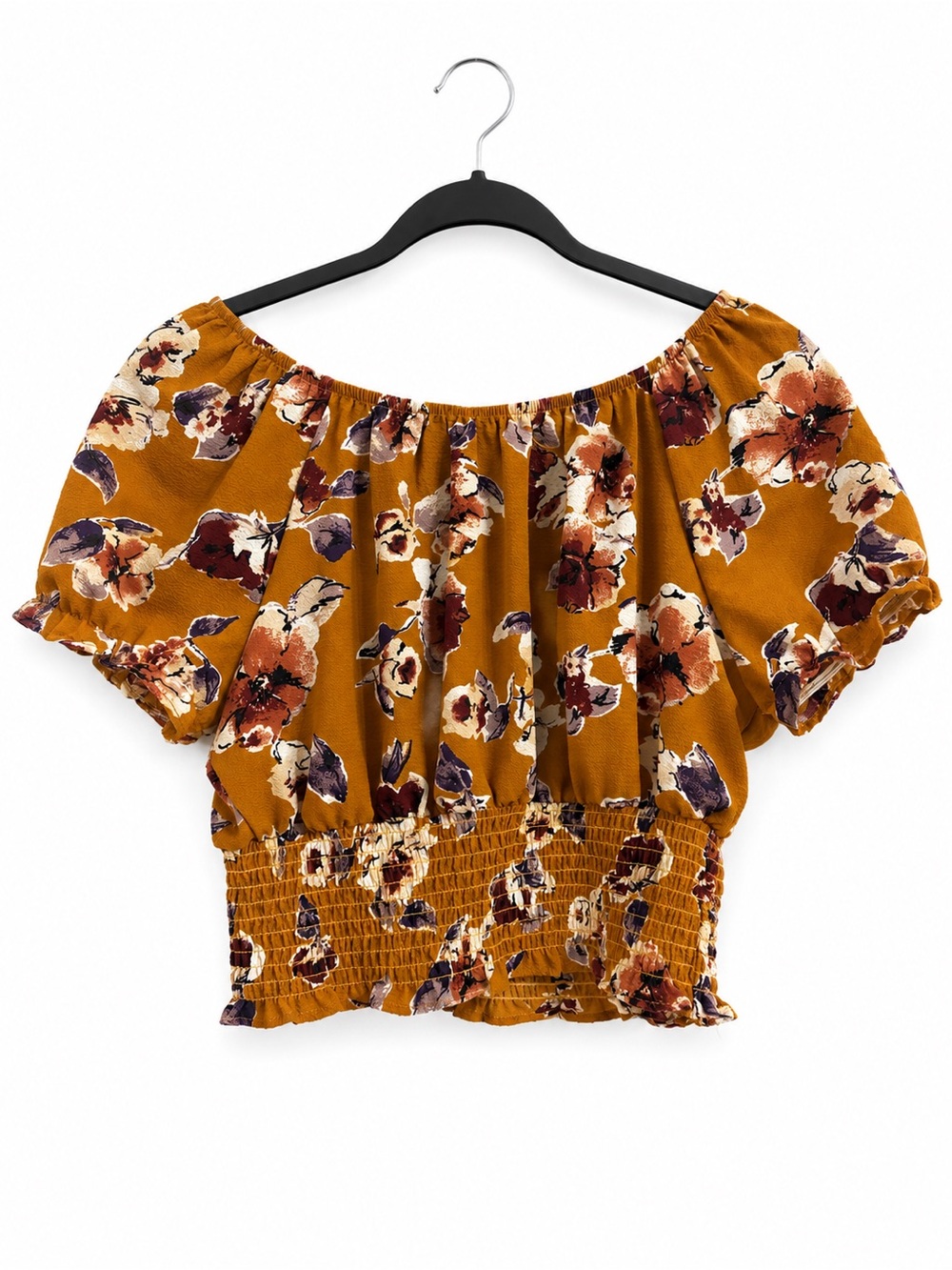 Beautees Floral Smocked Crop Top Mustard Off Shoulder Flutter Sleeve Boho 14